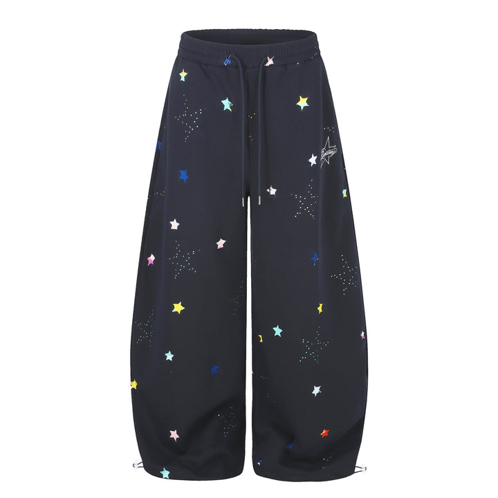 Women's extra wide palazzo capri sweatpants with star print, comfort waistband, and adjustable hem.