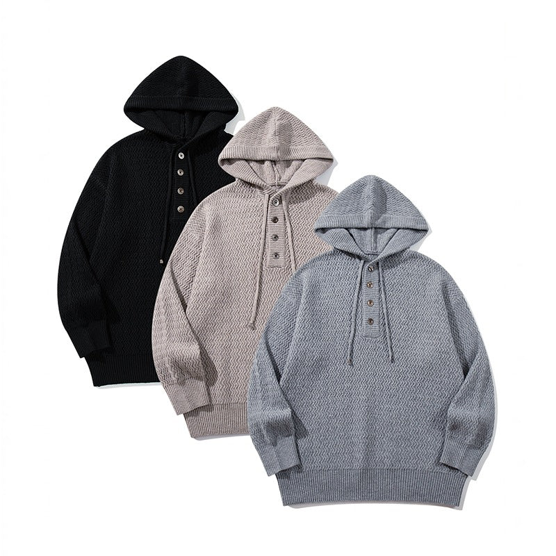 Unisex Structured Hooded Knit Sweater with Henley Button Placket Mune Fashion