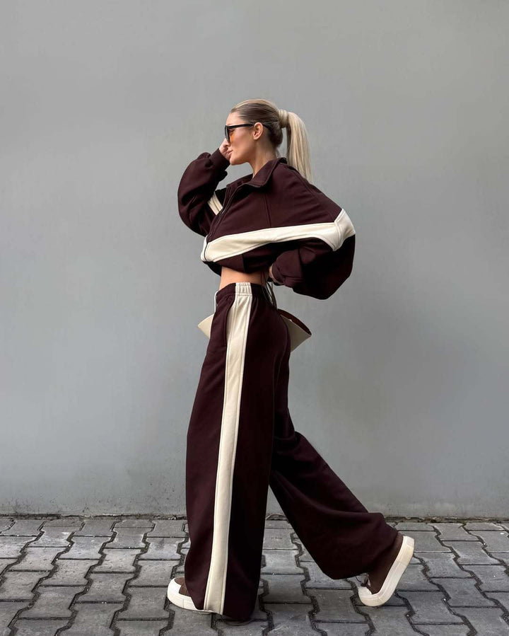 Women's Two-Piece Oversized Windbreaker Set with Contrast Stripes, Elastic Hem and Drawstring Pants Mune Fashion