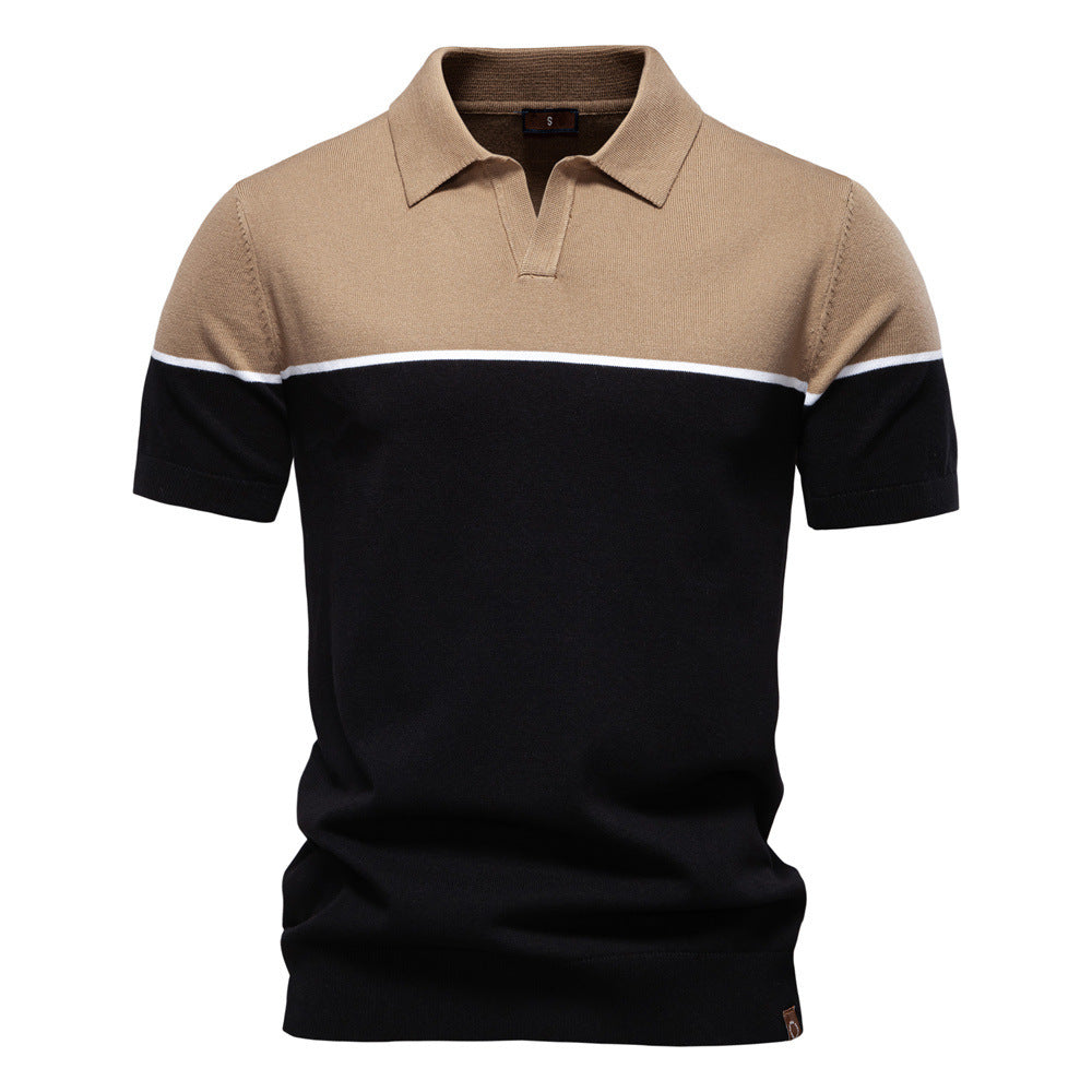 Men's modern short sleeve polo shirt made of fine knit with open lapel collar and horizontal contrast yoke Mune Fashion
