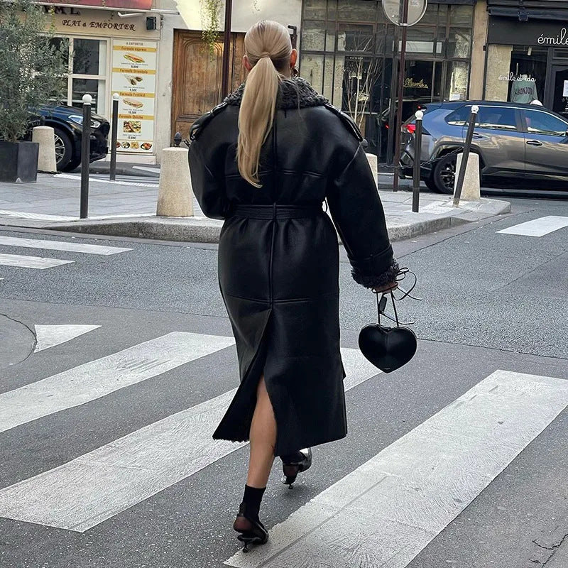Women's Oversize Shearling Coat with Belt and Teddy Lining Mune Fashion