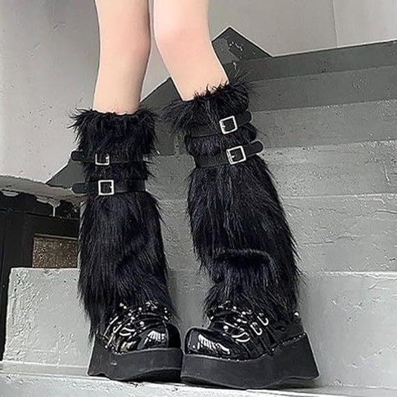 Women's Long Faux Fur Leg Warmers with Adjustable Buckles and Platform Cuffs Mune Fashion