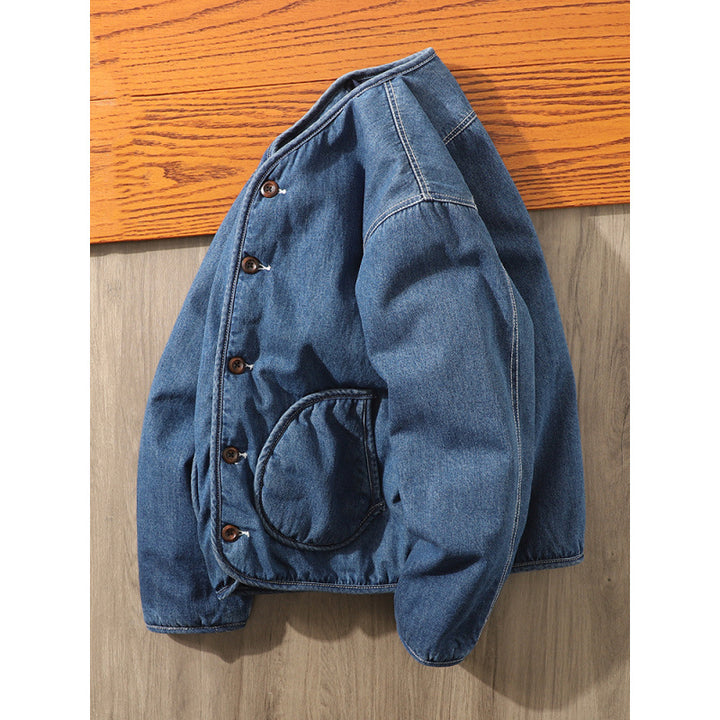 Men's Insulated Denim Utility Jacket Without Collar with Button Closure and Round Flap Pockets Mune Fashion
