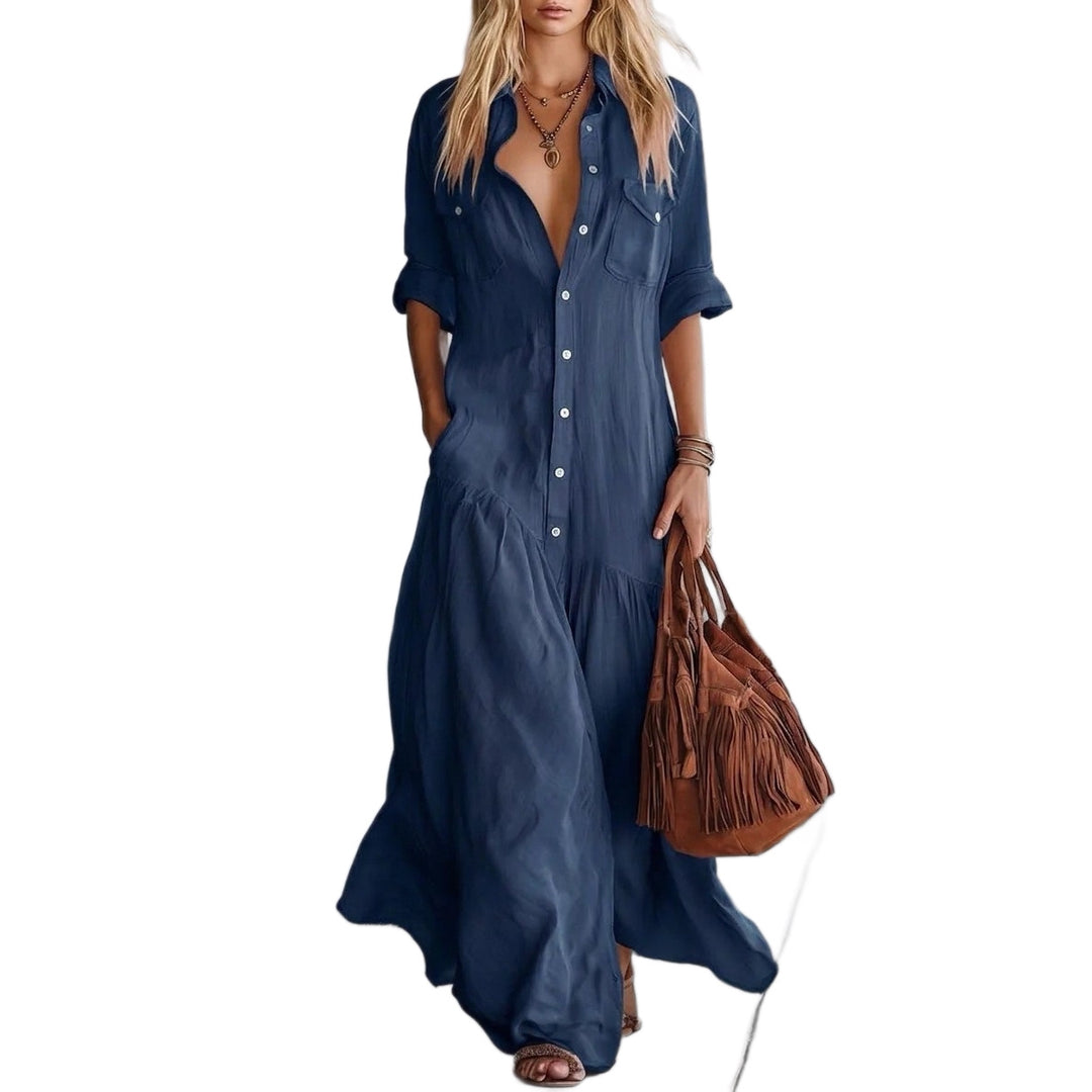 Ladies Long Flowing Shirt Blouse Maxi Dress with Button Placket, Applied Breast Pockets and Side Insert Pockets Mune Fashion