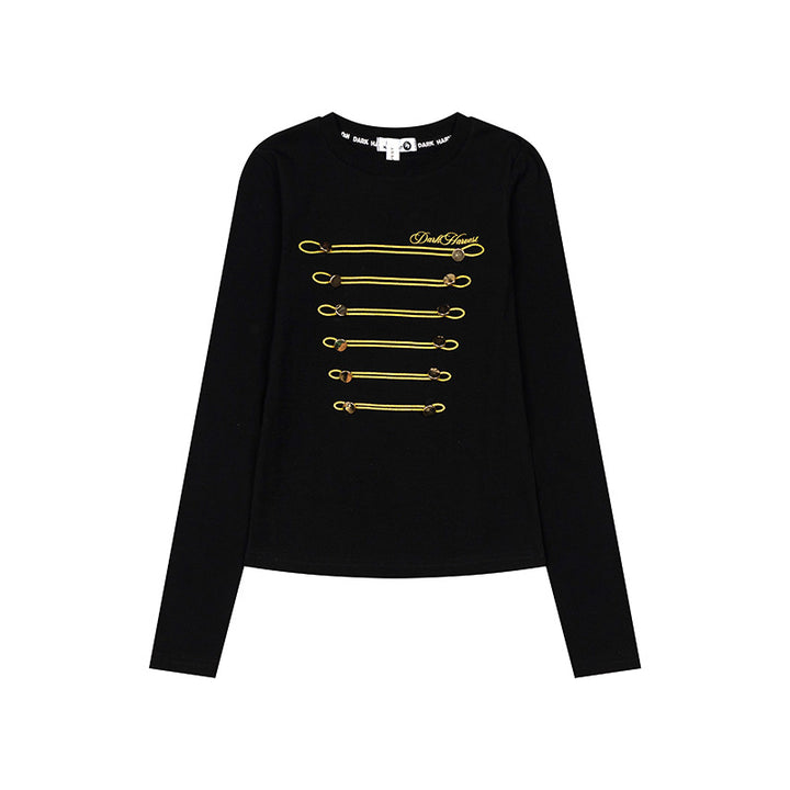 Women's Long Sleeve Shirt with Decorative Cord and Button Application Mune Fashion