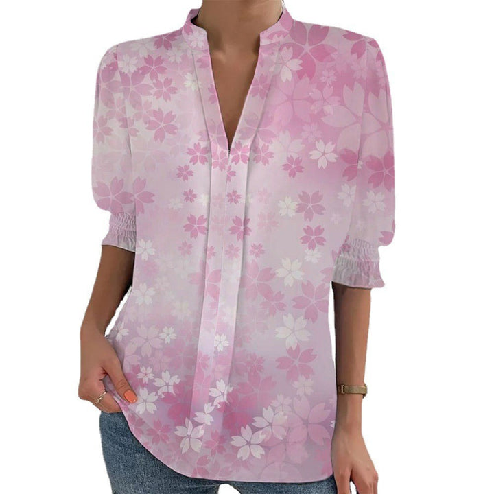Women Floral Print Tunic Blouse with Stand Collar, Slit V-Placket and Gathered 3/4 Sleeves Mune Fashion