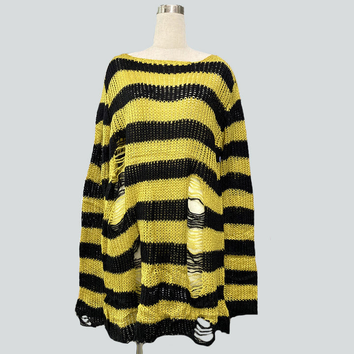 Women's oversized chunky knit sweater with wide block stripes and distressed design Mune Fashion