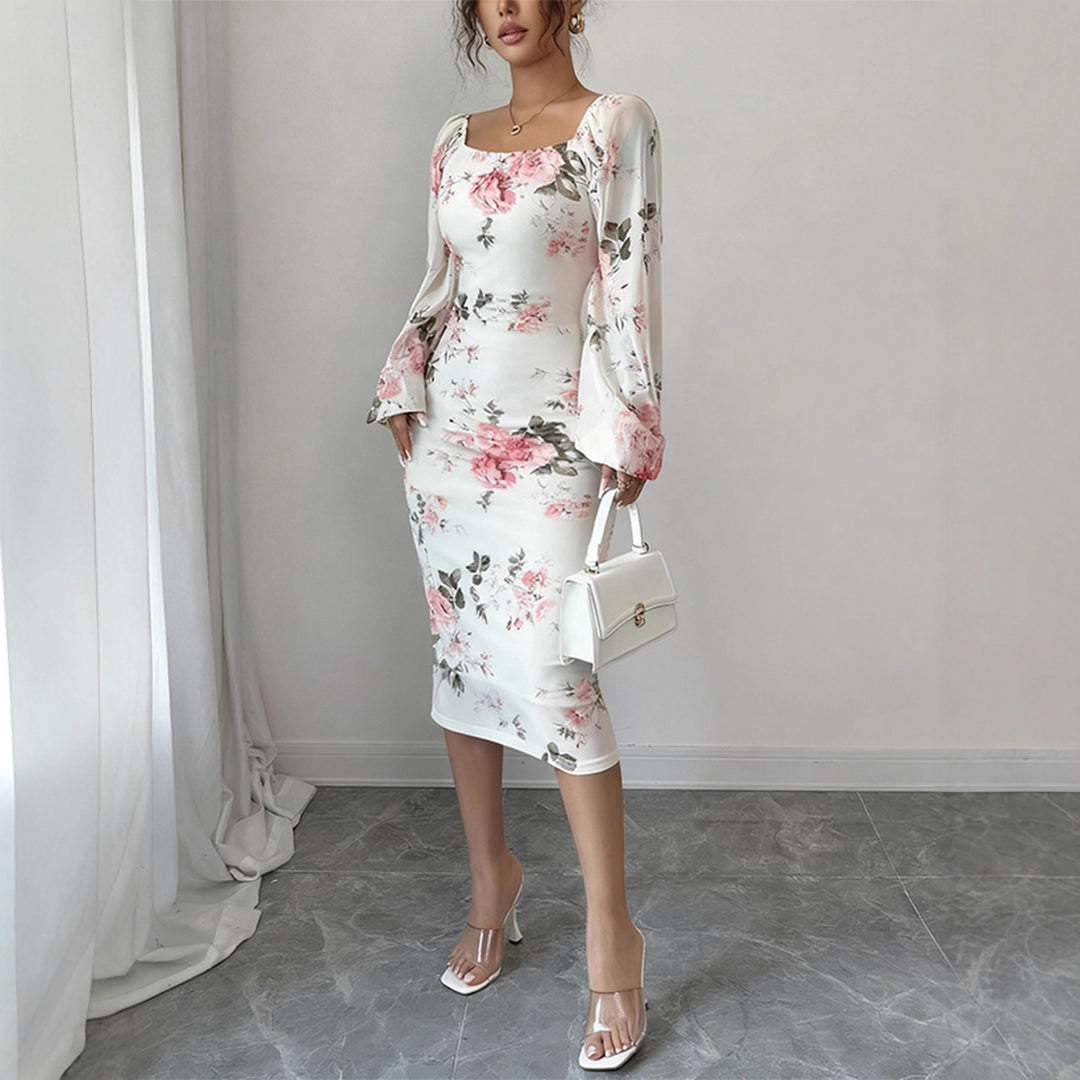 Women's tailored midi dress with square neckline, balloon sleeves, and floral stretch jersey Mune Fashion