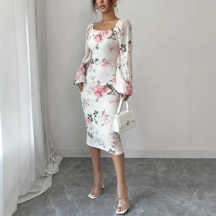 Women's tailored midi dress with square neckline, balloon sleeves, and floral stretch jersey Mune Fashion