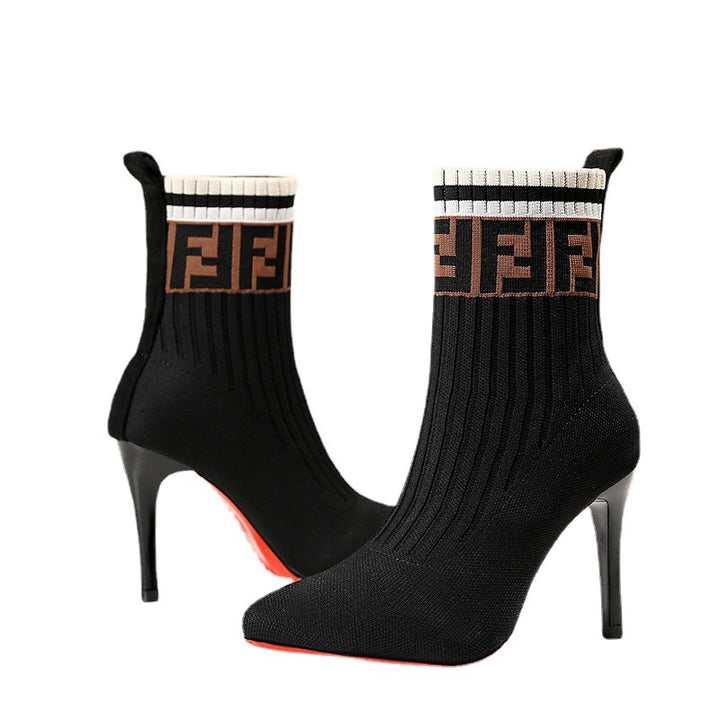 Women's elegant knitted sock ankle boots with slim stiletto heel and elastic shaft Mune Fashion