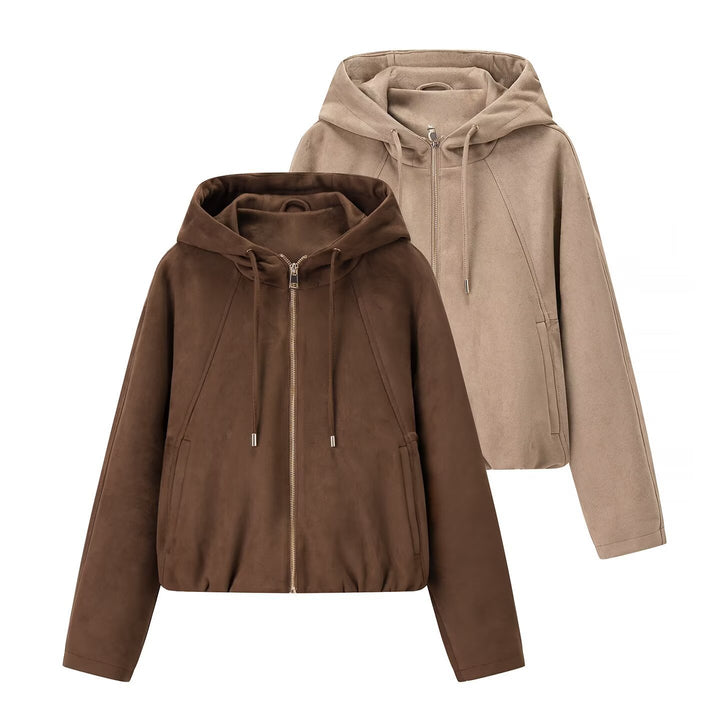 Women's short jacket in suede look with hood, drawstring, and zipper Mune Fashion