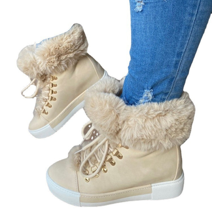 Women's Padded High-Top Sneaker Boots with Faux Fur Collar and Decorative Lacing Mune Fashion