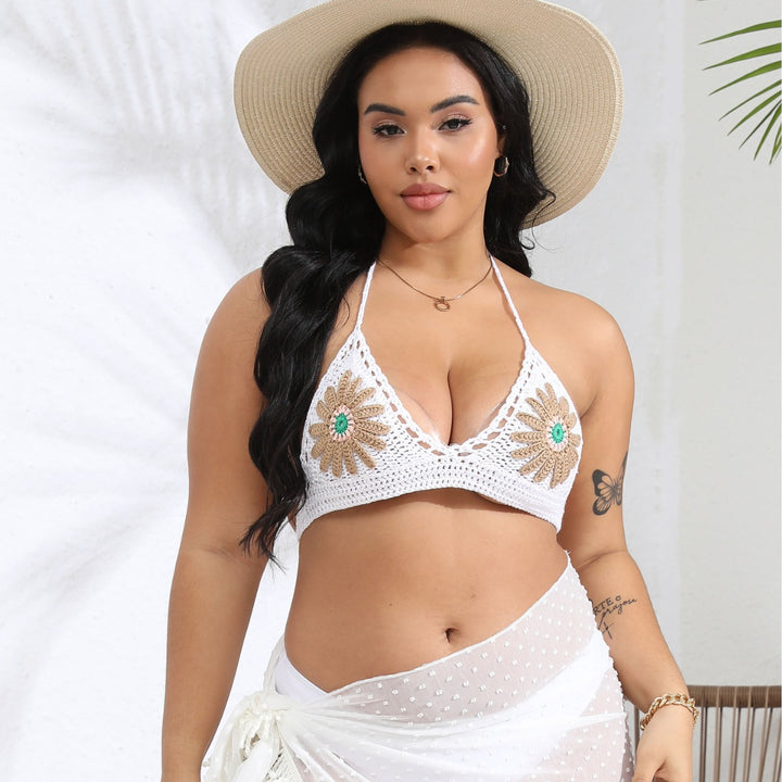 Women's crocheted bikini top with floral appliqués Mune Fashion