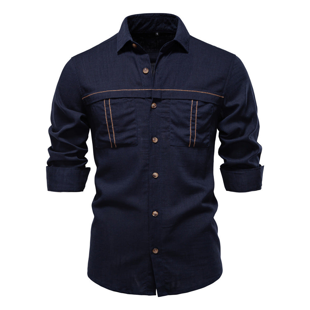 Men's Workshirt in Denim Look with Double Chest Pockets and Contrast Stitching Mune Fashion