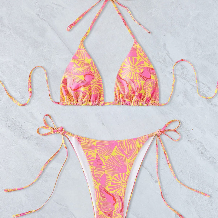 Women’s triangle bikini with vibrant floral pattern and adjustable tie straps Mune Fashion