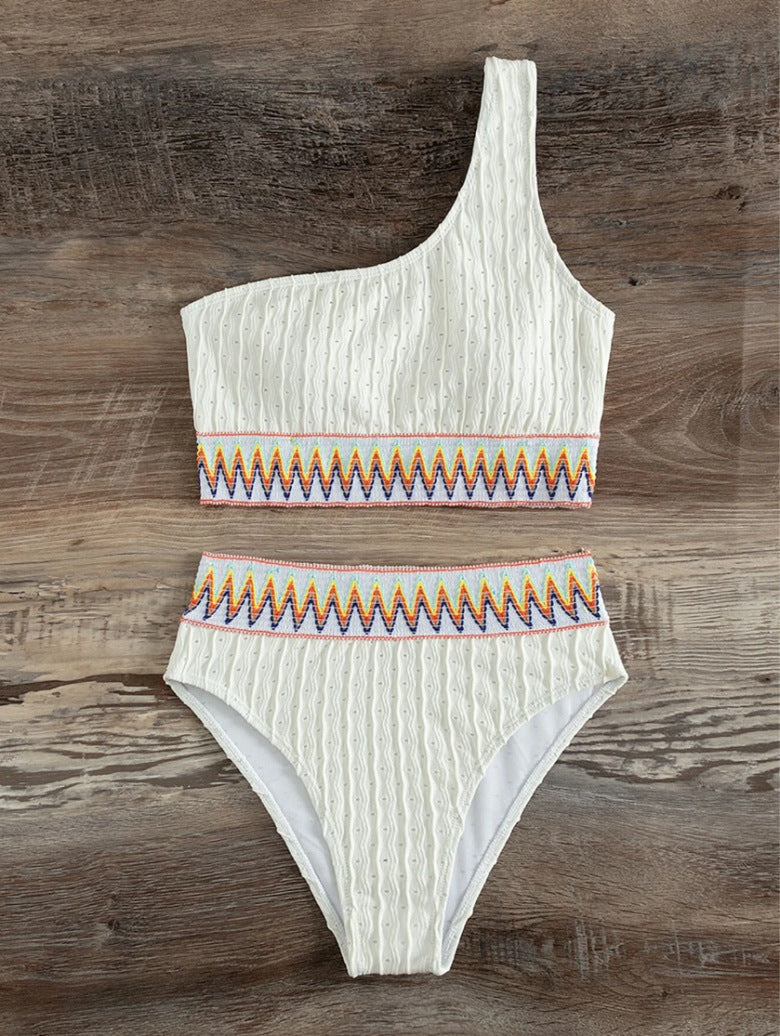 Women One-Sided Crop Bikini with Colorful Jacquard Ribbon Mune Fashion