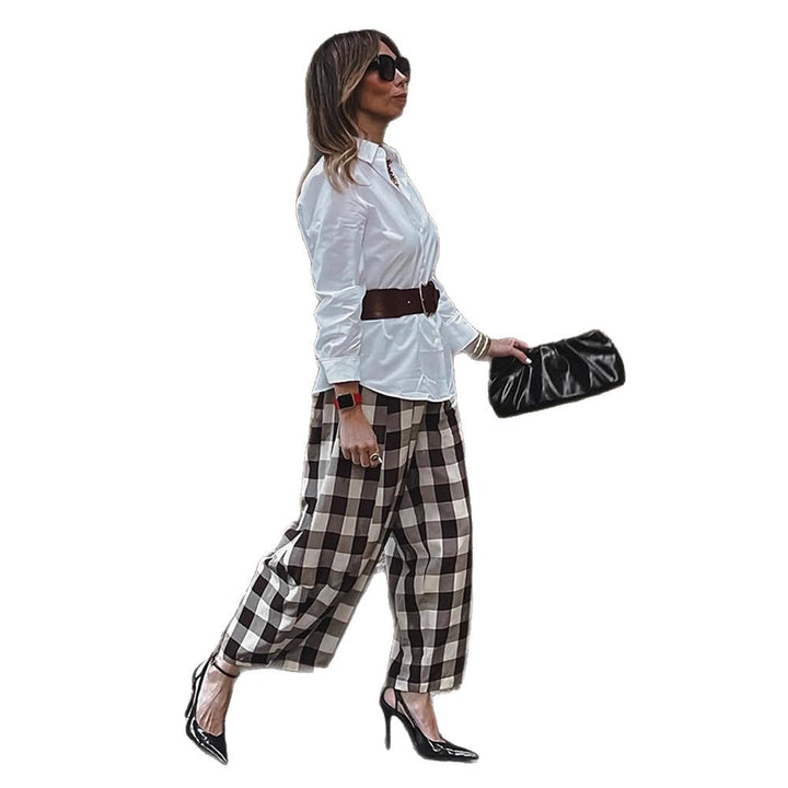 Women's Checked High-Waisted Palazzo Pants with Wide Leg & Pleats Mune Fashion