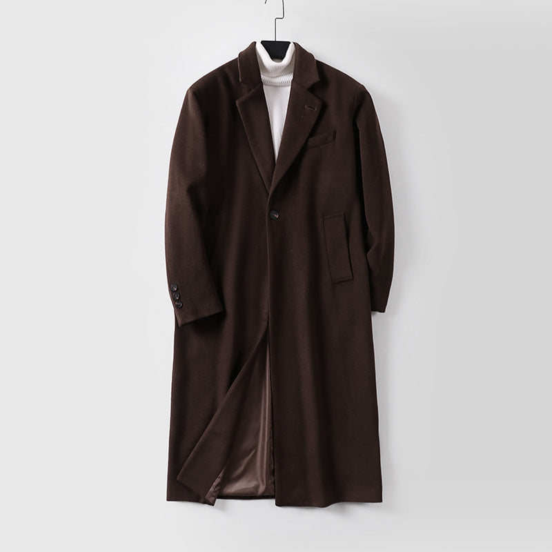 Men's Elegant Long Single-Breasted Wool Coat with Narrow Lapels and Tailored Silhouette Mune Fashion