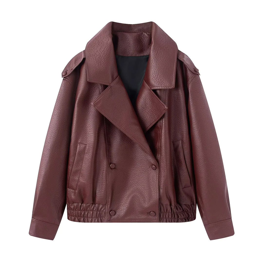 Women's cropped double-breasted faux leather blouson with wide collar and elastic hem Mune Fashion