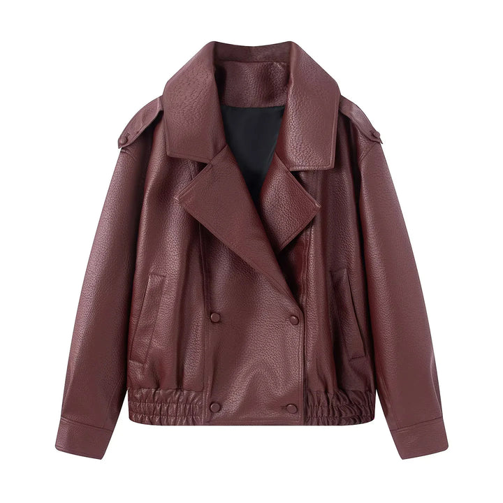 Women's cropped double-breasted faux leather blouson with wide collar and elastic hem Mune Fashion