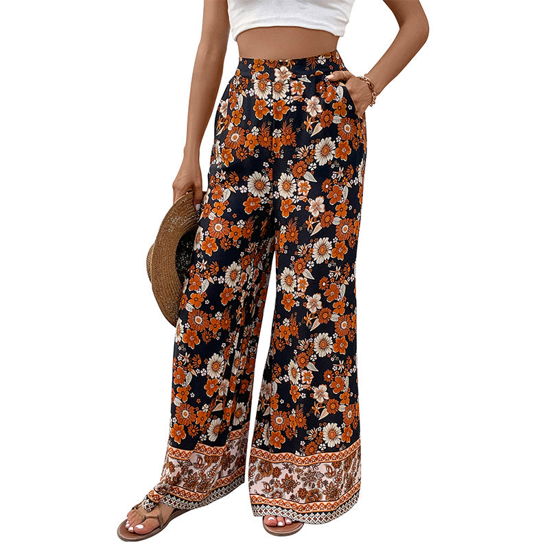 Women's High-Waisted Wide Palazzo Pants with Floral Allover Print and Side Pockets Mune Fashion