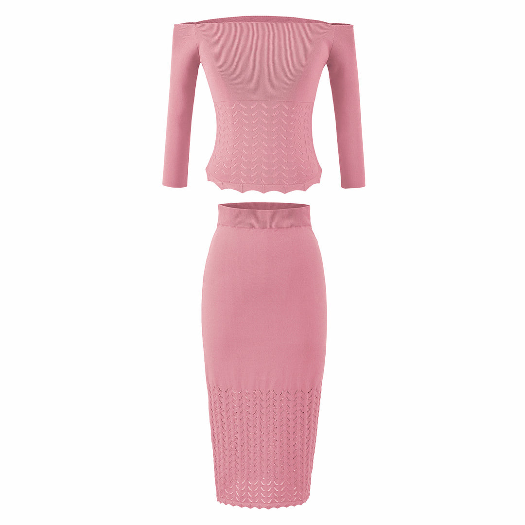 Women's Two-Piece Knit Set with off-the-shoulder Neckline and Bodycon Pencil Skirt Mune Fashion