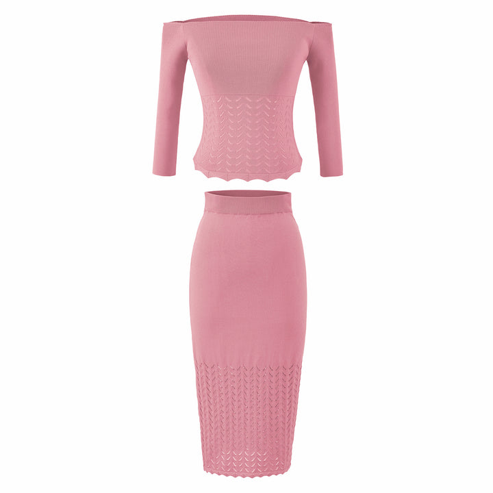 Women's Two-Piece Knit Set with off-the-shoulder Neckline and Bodycon Pencil Skirt Mune Fashion