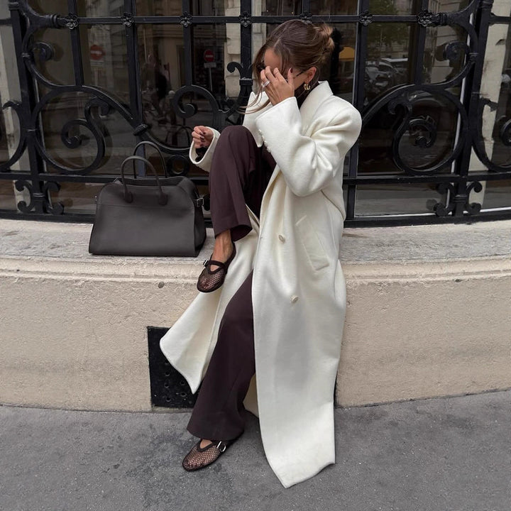 Women's Maxi Double-Breasted Wool Blend Coat with Oversized Cut and Lapel Collar Mune Fashion