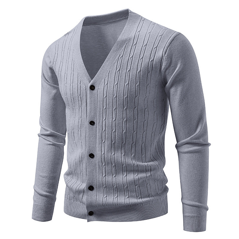 Men's fine-knit cardigan with deep V-neck slim fit and vertical cable knit Mune Fashion