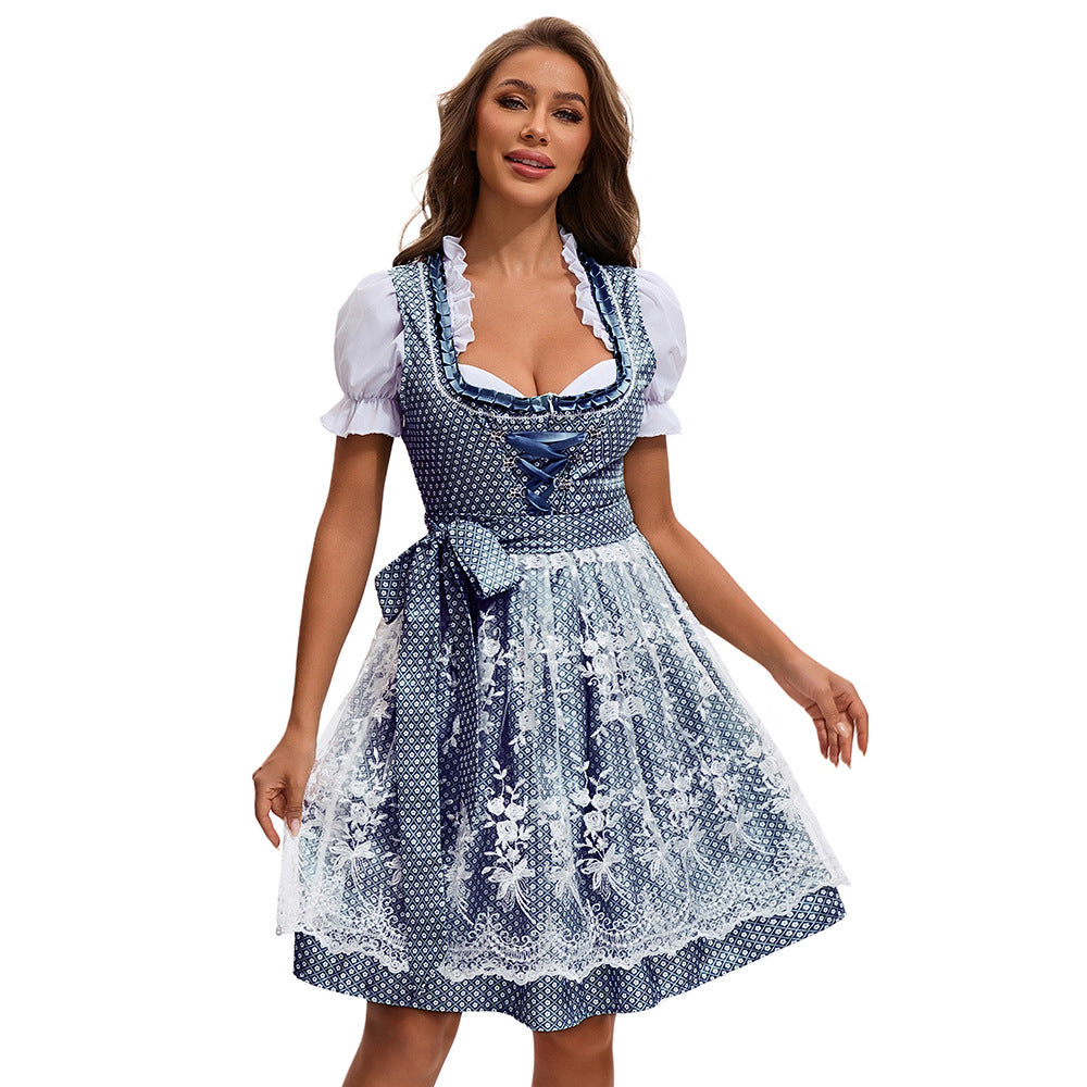 Women's short country style dirndl with embroidered tulle apron, gathered bodice and puff sleeves Mune Fashion