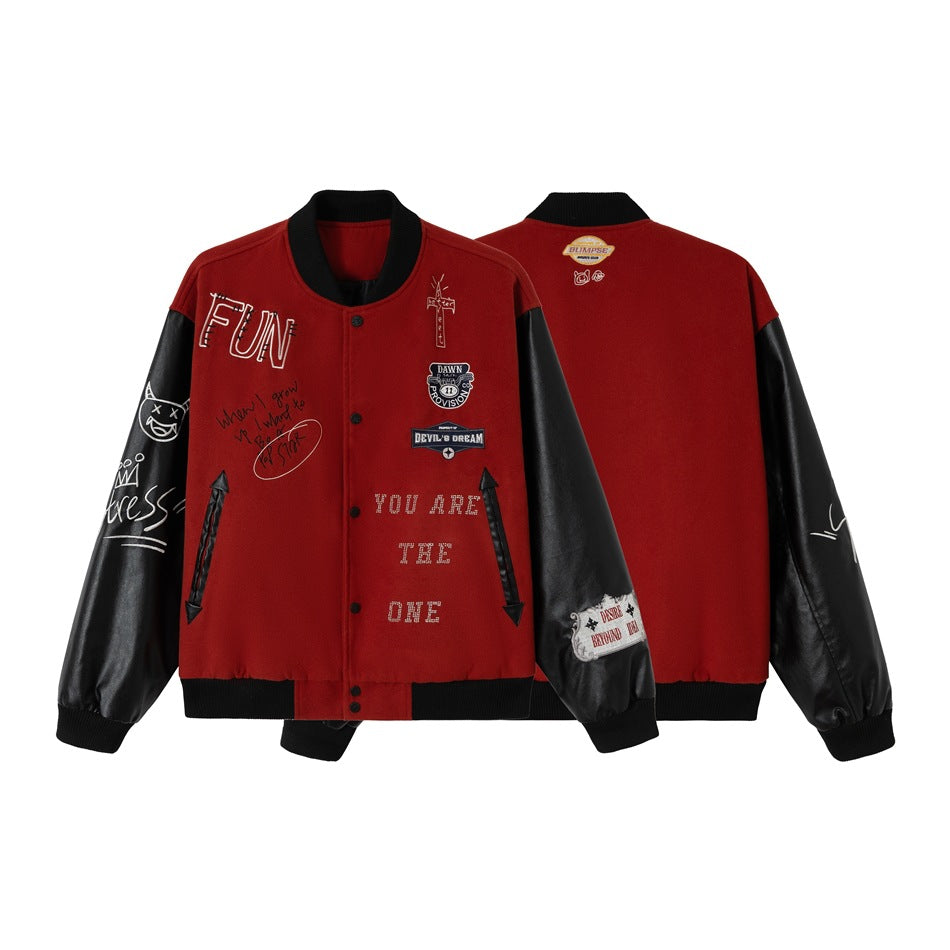 Unisex Varsity Bomber Jacket in College Look with Wool Blend Body and Faux Leather Sleeves Mune Fashion