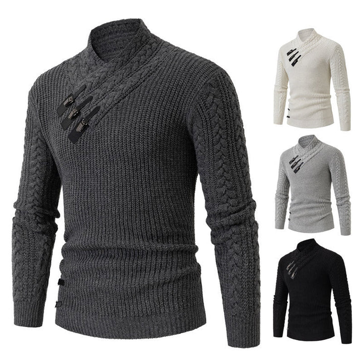 Men's Knit Sweater with Asymmetric Collar and Decorative Zipper Mune