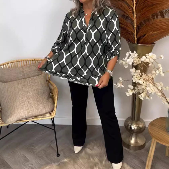 Ladies casual long tunic with V-neck three-quarter sleeves side pockets and geometric chain print Mune Fashion
