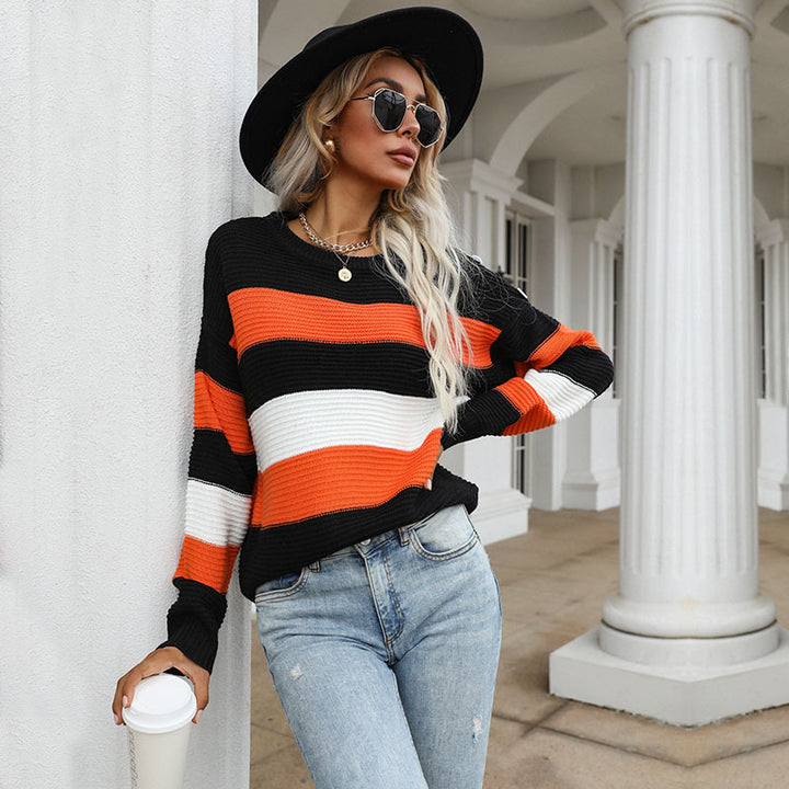 Women's Wide Striped Knit Sweater in Fisherman Look with Ribbed Texture and Dropped Shoulder Mune Fashion