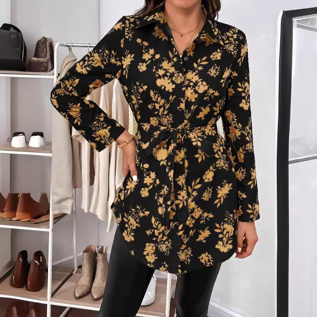 Women's loose shirt blouse tunic with floral all-over print, tie belt and rolled-up sleeves Mune Fashion