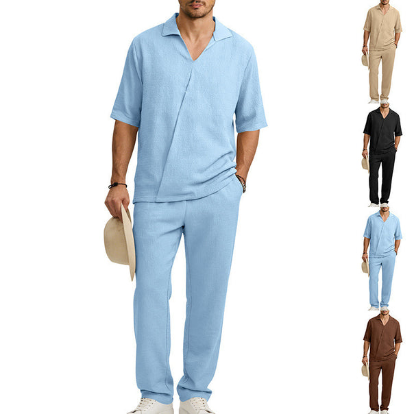 Men's crepe structure leisure set with open lapel collar and straight comfort trousers with side pockets Mune Fashion