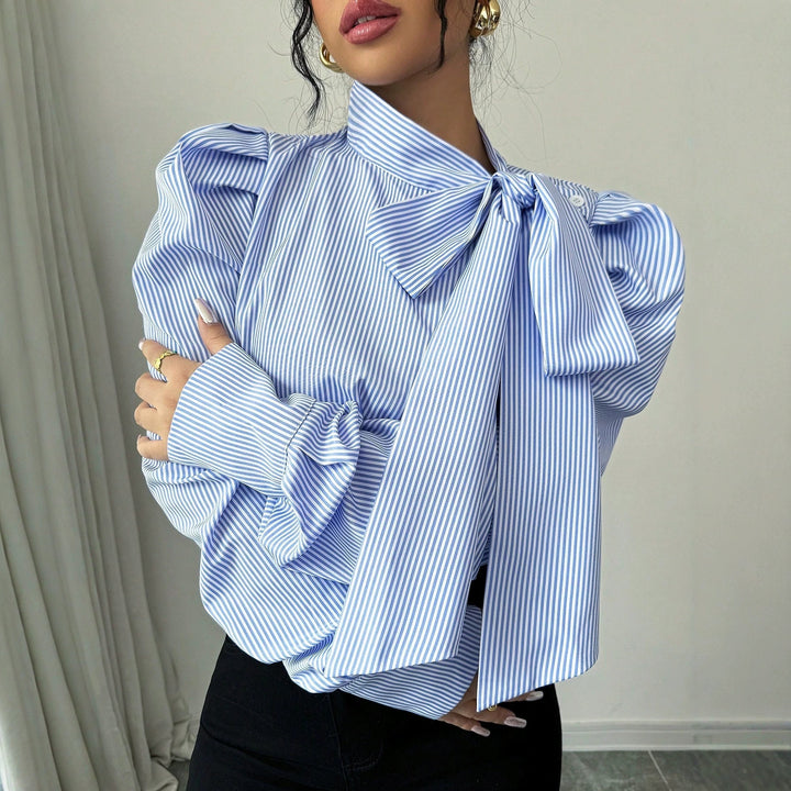 Women's poplin blouse with stand-up collar, large ribbon tie, and balloon sleeves Mune Fashion