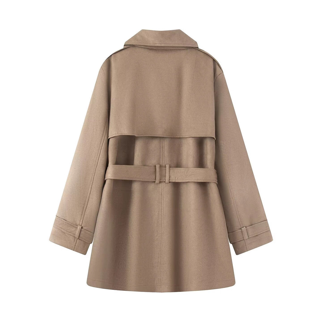 Women's Tailored Suede Look Trench Coat with Belt and Double Breasted Button Placket Mune Fashion