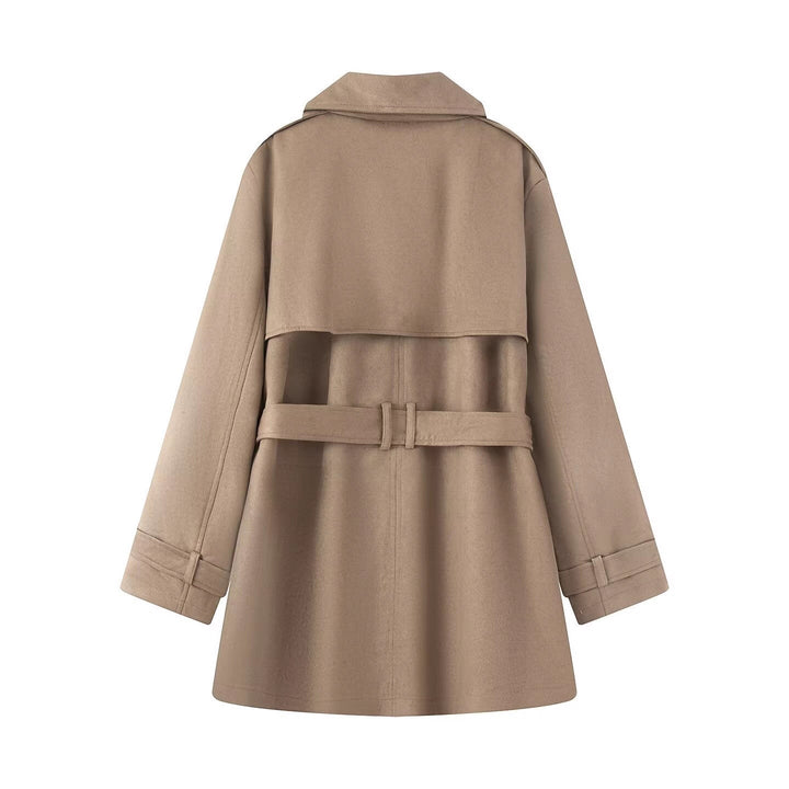 Women's Tailored Suede Look Trench Coat with Belt and Double Breasted Button Placket Mune Fashion