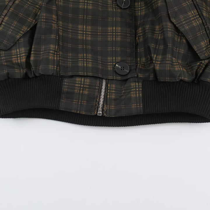 Ladies Checked Cropped Bomber with Wide Balloon Sleeves and High Stand-Up Collar Mune Fashion