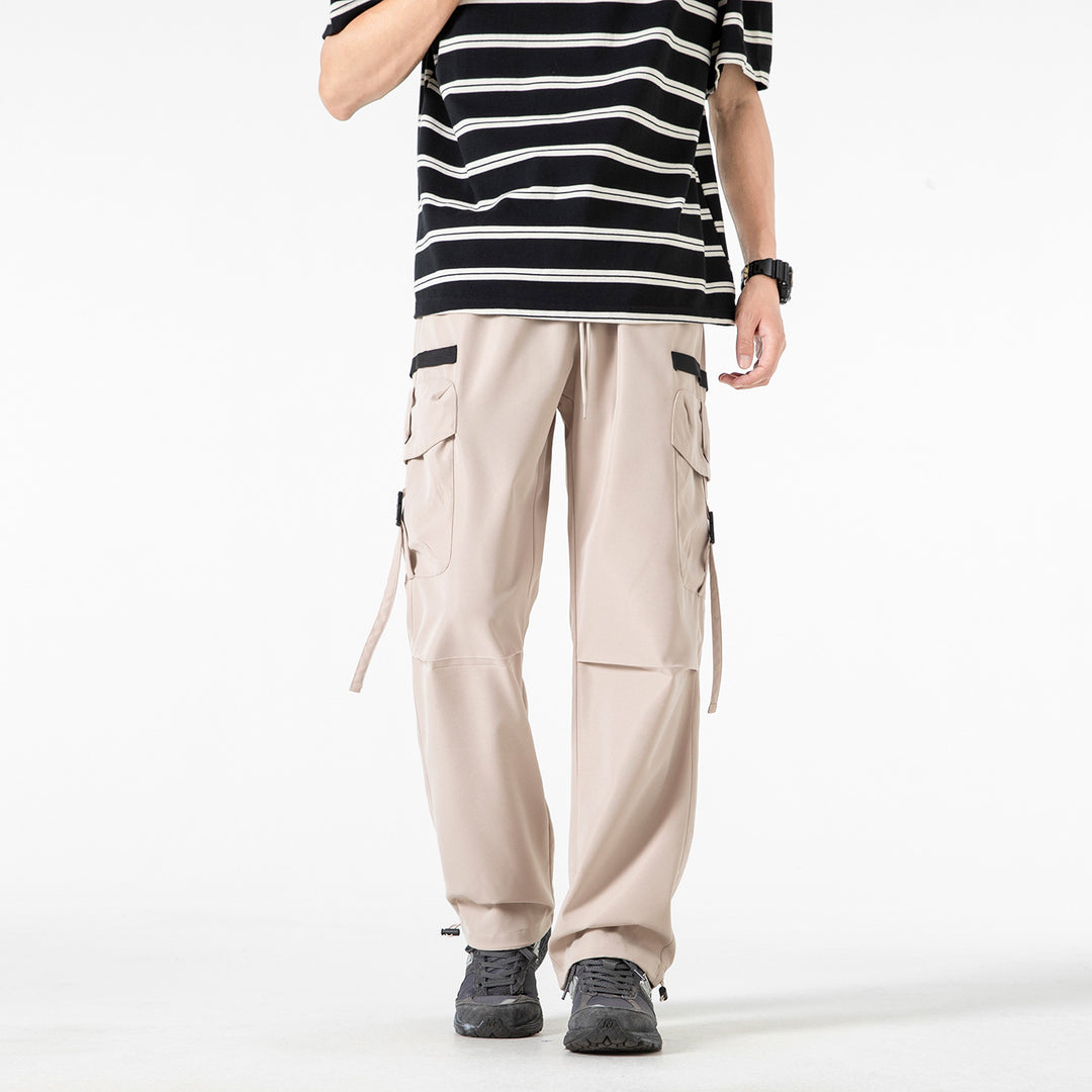 Men's Wide Cargo Pants with Multi-Pockets, Adjustable Drawstring Waistband, and Modular Strap Details Drune