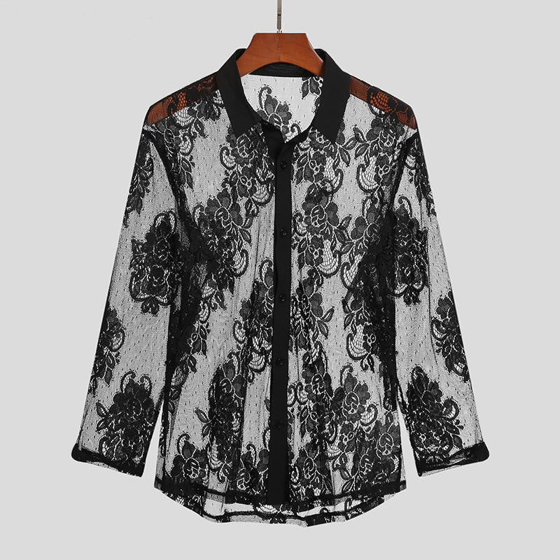 Ladies nan lightweight floral lace blouse with shirt collar and decorative button placket Mune Fashion