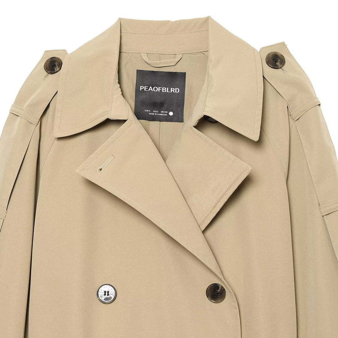 Women Double-breasted Trench Coat with Removable Cape Sleeves and Waist Belt Mune Fashion