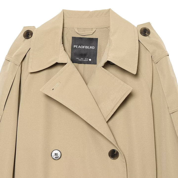 Women Double-breasted Trench Coat with Removable Cape Sleeves and Waist Belt Mune Fashion