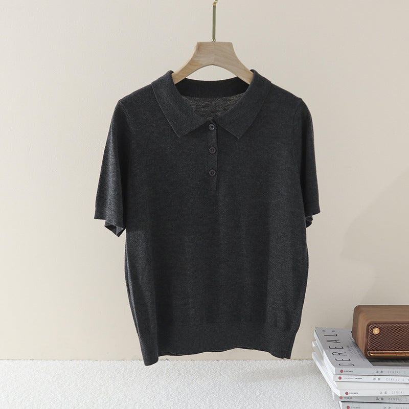 Women's Short Sleeve Fine Knit Polo Shirt with Button Placket Mune Fashion