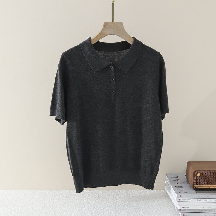Women's Short Sleeve Fine Knit Polo Shirt with Button Placket Mune Fashion