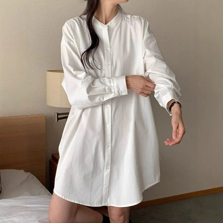 Women's Wide Cotton Shirt Dress with Stand Collar, Oversized Cut and Rounded Hem Mune Fashion