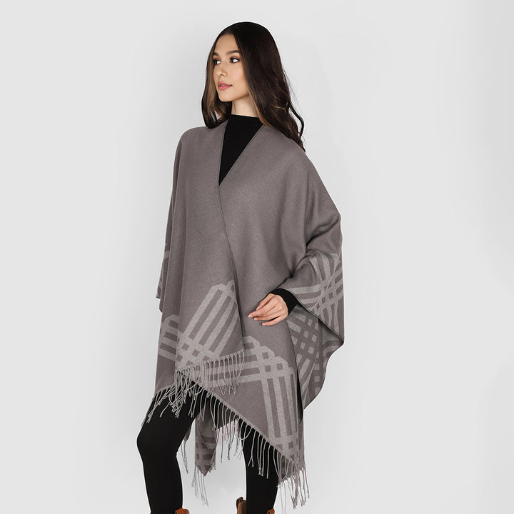 Women's Wool Blend Ruana in Rectangular Cut with Graphic Stripe Jacquard and Fringes