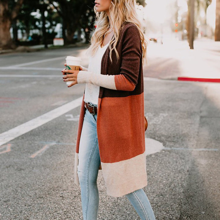 Women's Longline Cardigan with Colorblock Design, Open Front and Ribbed Hem Mune Fashion