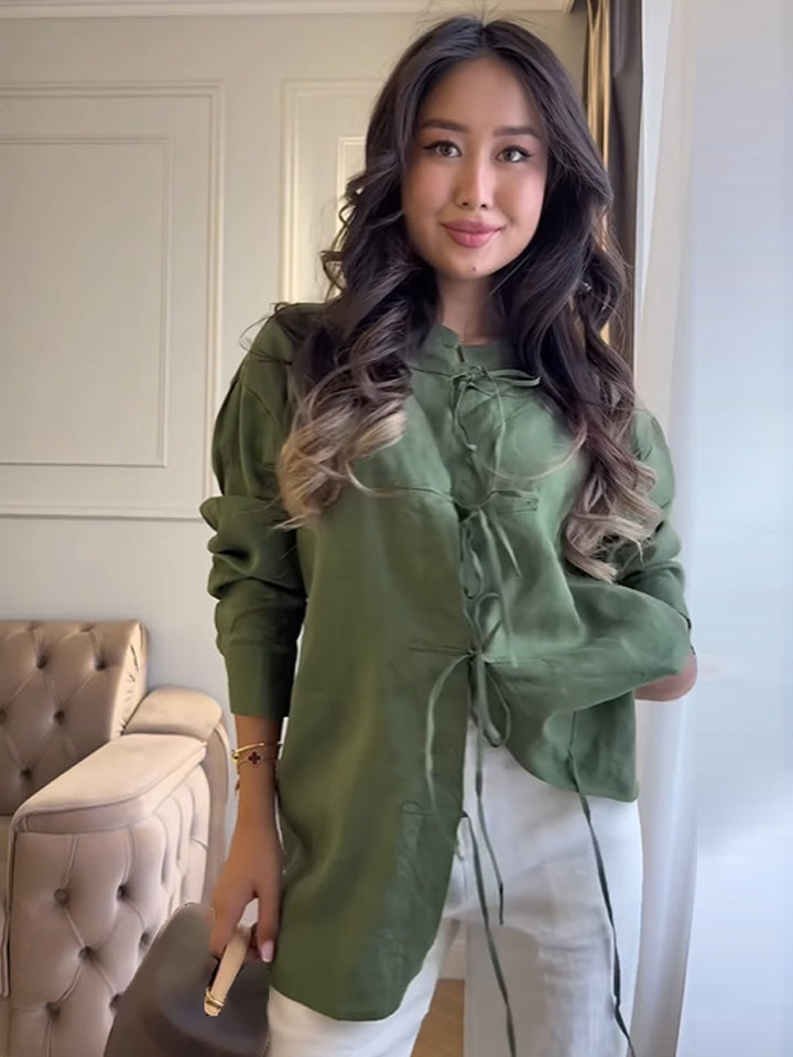 Women's Long Cut Linen Blouse with Chinese Knot Closure and Stand-Up Collar Mune Fashion